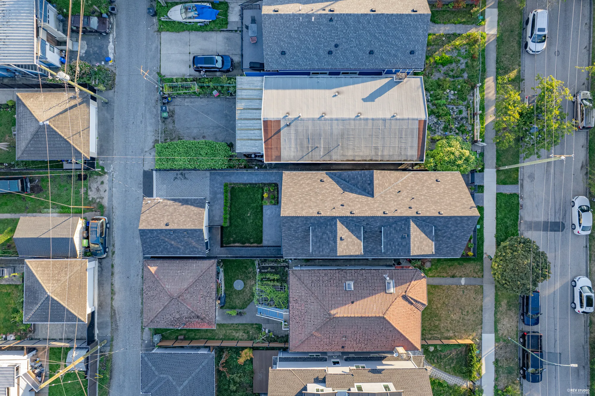 Straight down over the roof, the lot and the lane behind