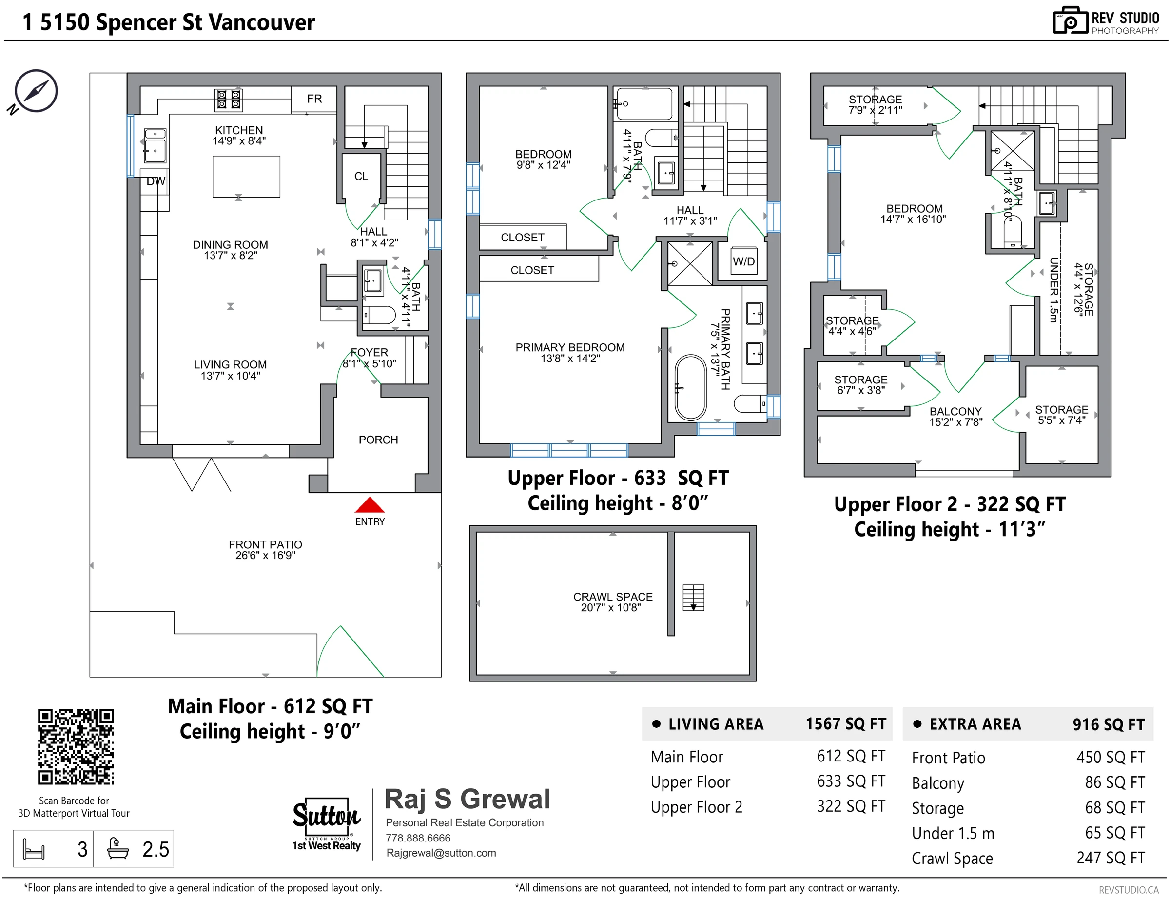 Measured floor plan of 1-5150 Spencer Street showing the main, upper and top floors with room dimensions